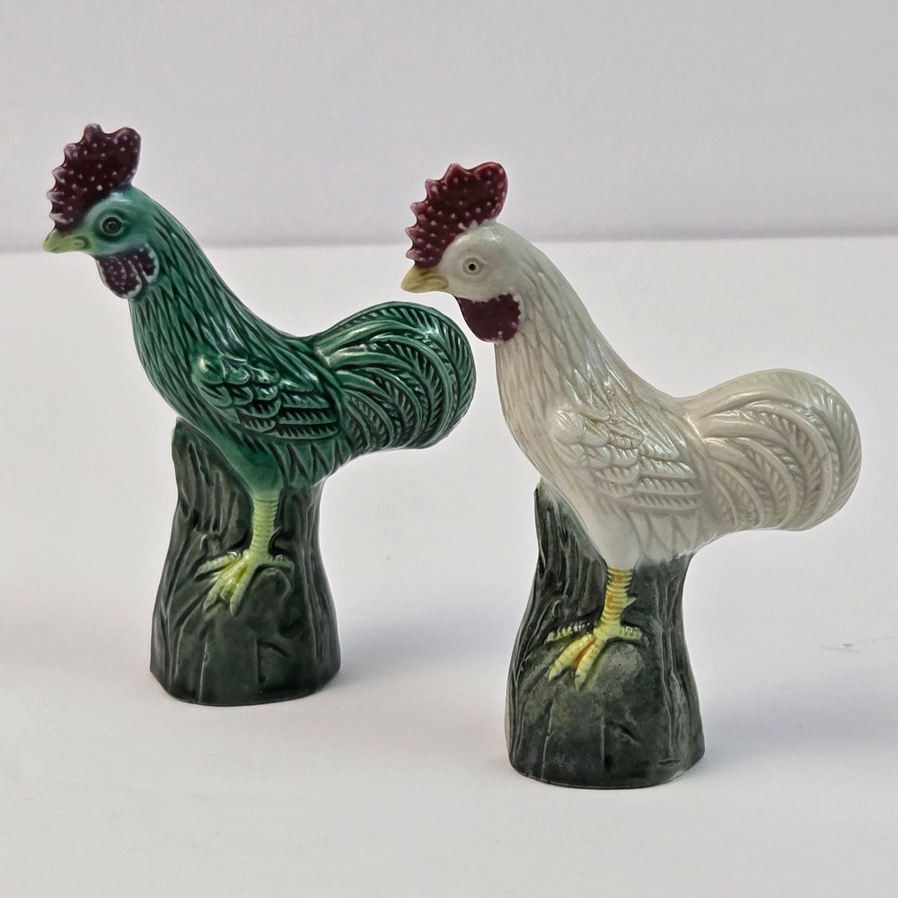 Vintage Ceramic Rooster Figurine Set Green White Farmhouse Decor Set of 2